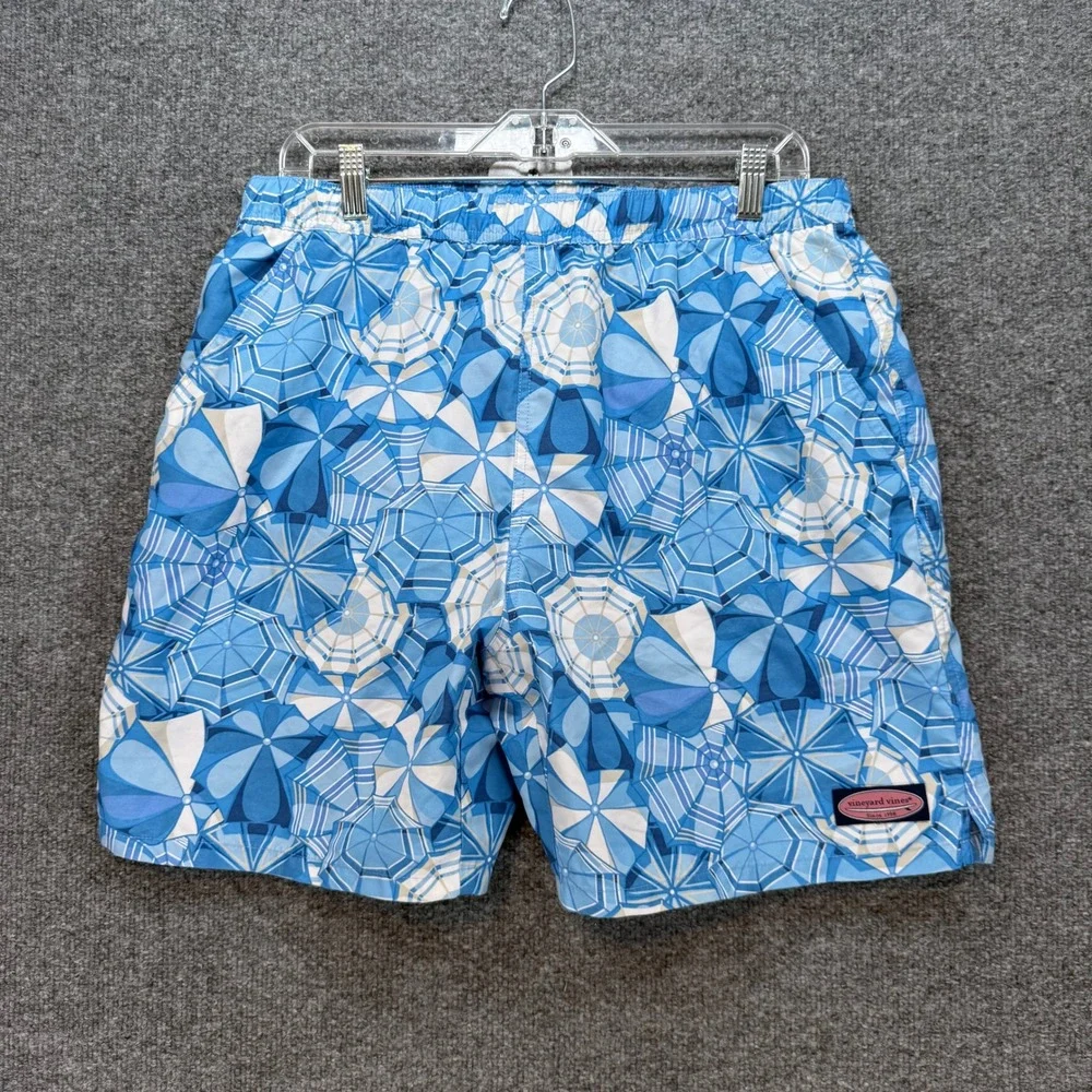 Vineyard Vines Blue & White Geometric Umbrella Print Swim Trunks